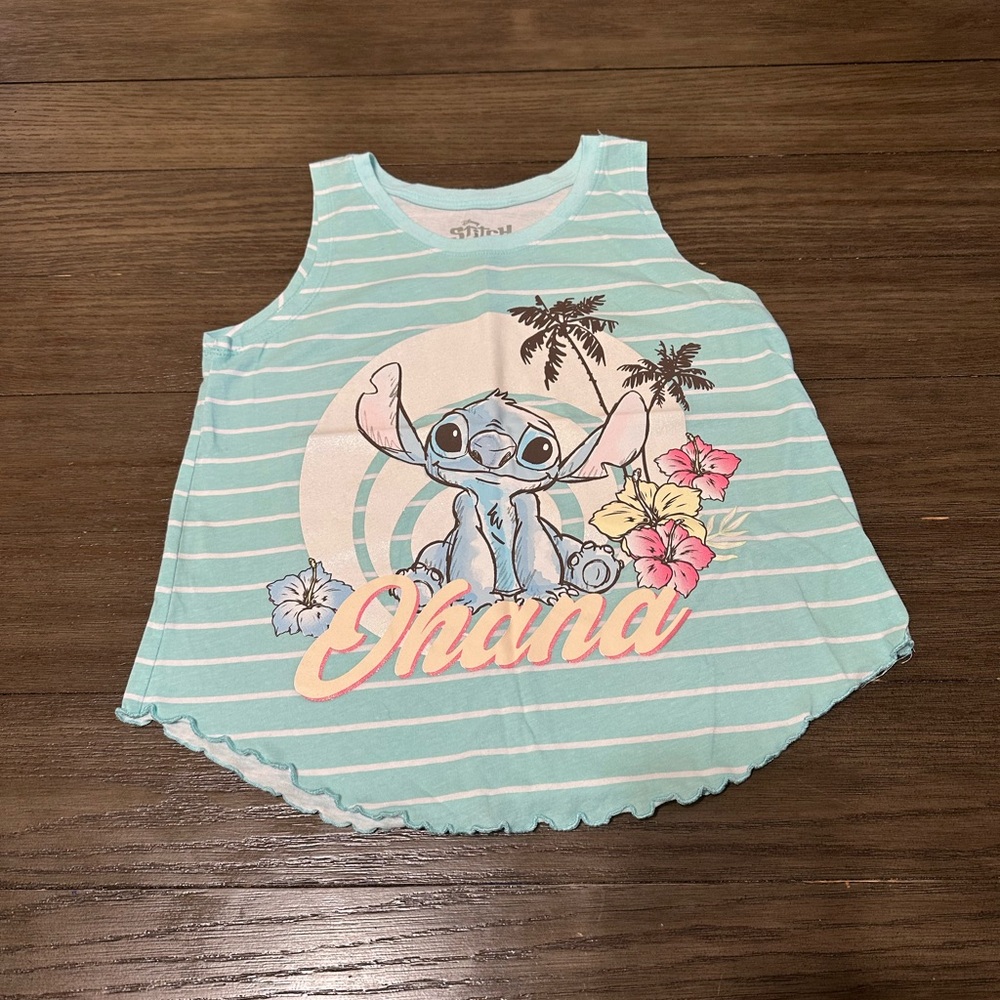 L 10/12 Disney Kids Tank Top with Stitch and Ohana Design - Light Blue striped